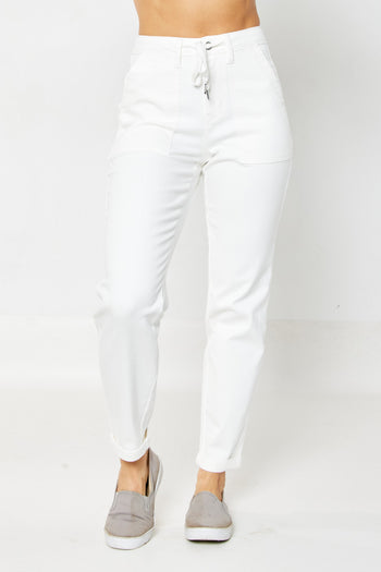 Judy Blue High Waisted Garment Dyed Joggers in White