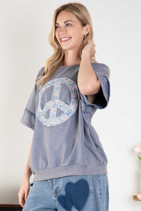 BlueVelvet Peace Sign Patch Top in Teal Blue