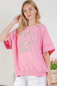 BlueVelvet Peace Sign Patch Top in Pink