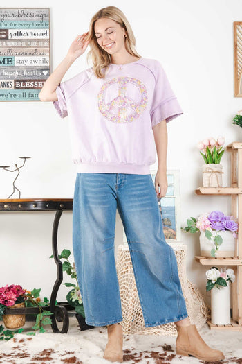 BlueVelvet Peace Sign Patch Top in Lavender Shirts & Tops BlueVelvet   