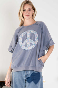 BlueVelvet Peace Sign Patch Top in Teal Blue