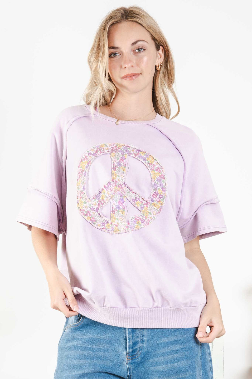 BlueVelvet Peace Sign Patch Top in Lavender Shirts & Tops BlueVelvet   
