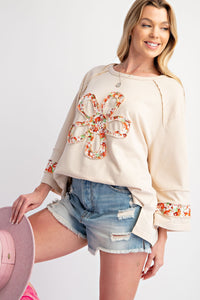 Easel Terry Knit Top with Front Flower Patch in Khaki