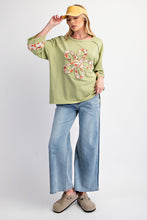 Load image into Gallery viewer, Easel Terry Knit Top with Front Flower Patch in Pistachio
