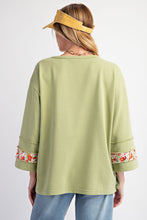 Load image into Gallery viewer, Easel Terry Knit Top with Front Flower Patch in Pistachio
