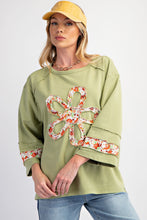 Load image into Gallery viewer, Easel Terry Knit Top with Front Flower Patch in Pistachio
