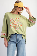 Load image into Gallery viewer, Easel Terry Knit Top with Front Flower Patch in Pistachio
