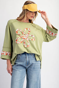 Easel Terry Knit Top with Front Flower Patch in Pistachio