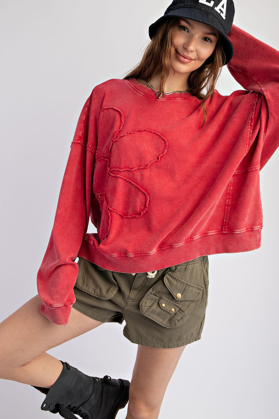 Easel Terry Knit Top with Flower Patch in Boho Red ON ORDER