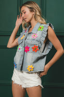 BiBi Sleeveless Jacket with Flower Patches in Denim