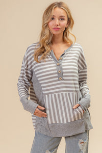 BiBi Thermal Knit Henley Stripe Pattern Top in Grey