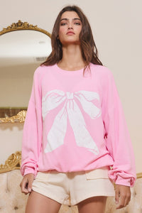 BucketList Oversized Ribbed "BOW" Print Top in Baby Pink