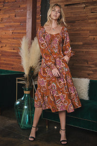 Oddi Paisley Print Midi Dress in Toffee Multi