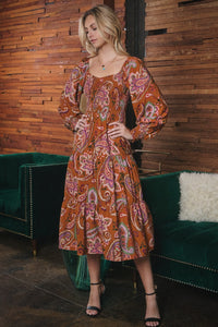 Oddi Paisley Print Midi Dress in Toffee Multi