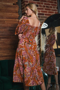 Oddi Paisley Print Midi Dress in Toffee Multi