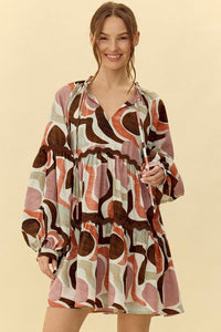 Jodifl Abstract Print Dress with Ric Rac Trim in Clay/Brown