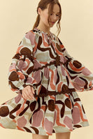Jodifl Abstract Print Dress with Ric Rac Trim in Clay/Brown