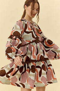 Jodifl Abstract Print Dress with Ric Rac Trim in Clay/Brown