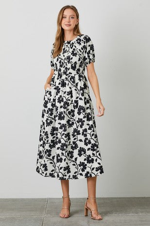 Polagram Floral Print Midi Dress in Ivory Multi FINAL SALE