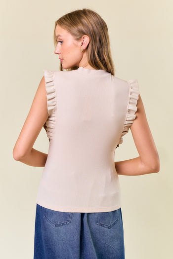 Doe & Rae Mock Neck Faux Leather Ruffle Tank Top in Beige