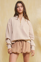 BucketList Long Sleeve Half Zip-up Scuba Pullover Top in Taupe FINAL SALE