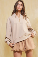 BucketList Long Sleeve Half Zip-up Scuba Pullover Top in Taupe FINAL SALE