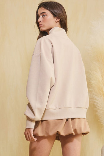 BucketList Long Sleeve Half Zip-up Scuba Pullover Top in Taupe FINAL SALE