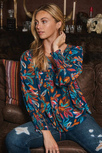 Oddi Leaf Print top in Indigo Multi