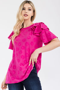 Celeste Textured Daisy Top with Ruffle Details in Fuchsia