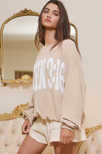 BucketList Oversized Ribbed JOHN 3:16 Print Top in Oatmeal