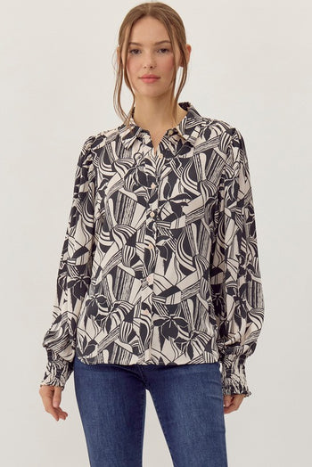 Jodifl Mixed Print Button Up Top in Black