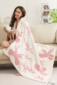 Reversible Throw Blanket with Mixed Bows Pattern in Pink