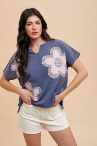 AnnieWear Flower Patch Knit Top in Midnight