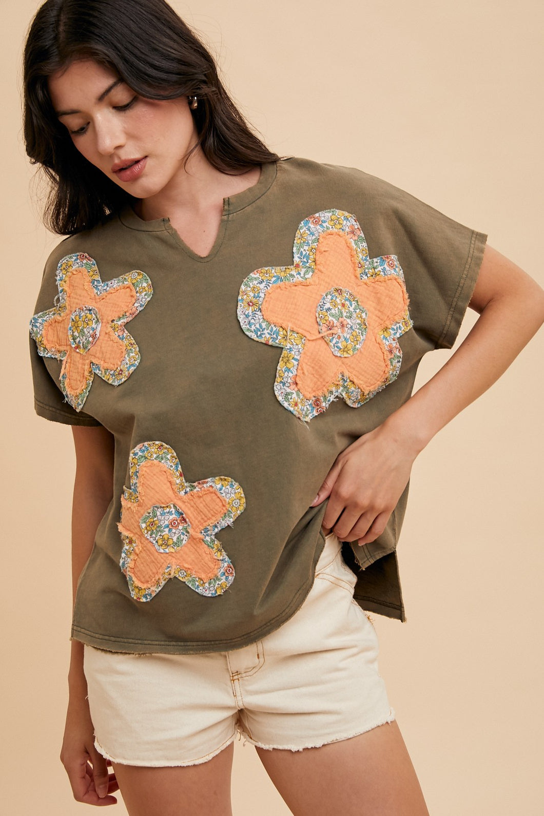 AnnieWear Flower Patch Knit Top in Olive