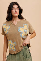AnnieWear Flower Patch Knit Top in Mustard