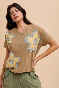 AnnieWear Flower Patch Knit Top in Mustard