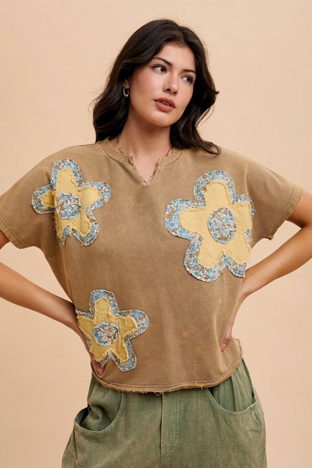 AnnieWear Flower Patch Knit Top in Mustard