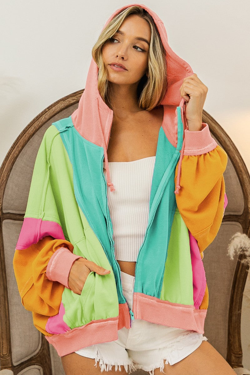 BiBi OVERSIZED Color Block Zip Up Hooded Jacket in Jade/Lime