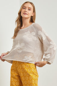 Polagram Open Knit Top with Flower Details in Natural