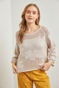 Polagram Open Knit Top with Flower Details in Natural