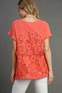 Umgee Solid Color Top with Laced Back in Coral