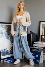 Load image into Gallery viewer, ee:some Solid Color Knit Cardigan with Denim Patch Pockets in Oatmeal
