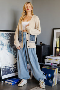 ee:some Solid Color Knit Cardigan with Denim Patch Pockets in Oatmeal