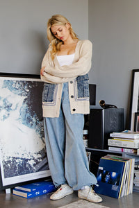 ee:some Solid Color Knit Cardigan with Denim Patch Pockets in Oatmeal