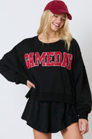 Peach Love Terry Knit Sweatshirt with Towel Knit GAME DAY Patches with Rhinestones in Black