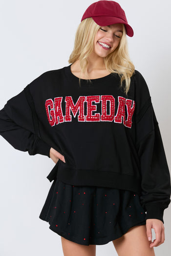 Peach Love Terry Knit Sweatshirt with Towel Knit GAME DAY Patches with Rhinestones in Black
