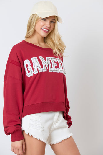 Peach Love Terry Knit Sweatshirt with Towel Knit GAME DAY Patches with Rhinestones in Crimson