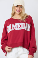 Peach Love Terry Knit Sweatshirt with Towel Knit GAME DAY Patches with Rhinestones in Crimson