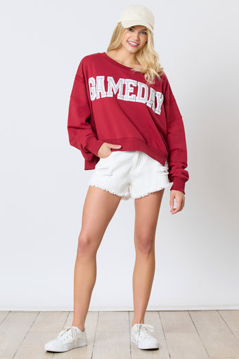 Peach Love Terry Knit Sweatshirt with Towel Knit GAME DAY Patches with Rhinestones in Crimson
