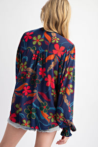 Easel Floral Print Rayon Gauze Top in Navy